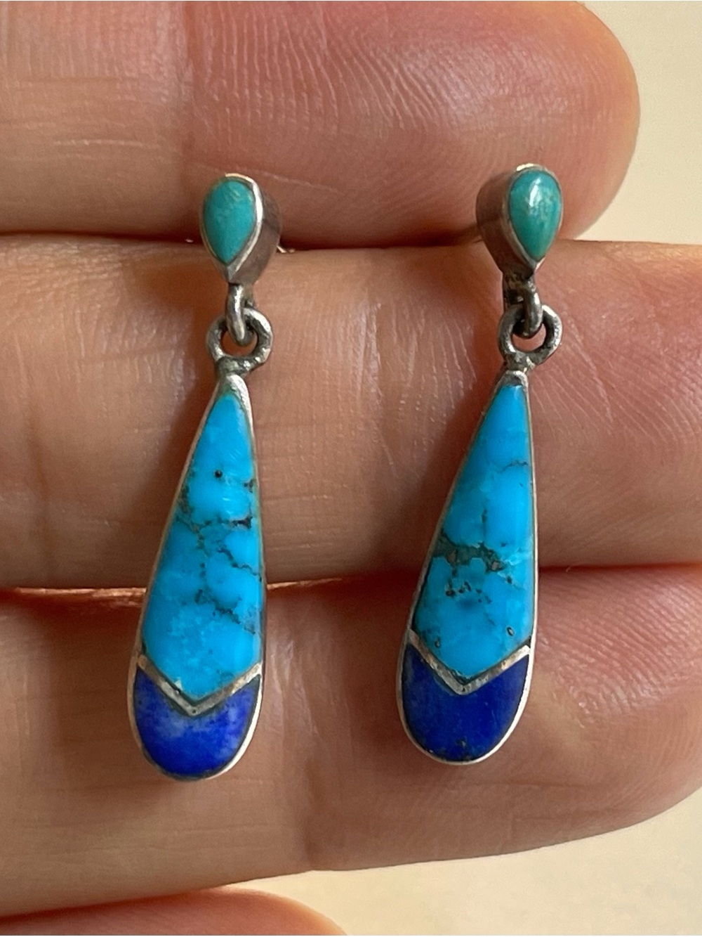 Vintage Turquoise and Lapis Lazuli Teardrop Stone Drop Earrings Sterling.